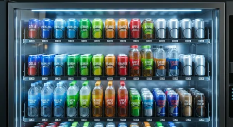 Vending machine shelves stocked with canned and bottled soft drinks