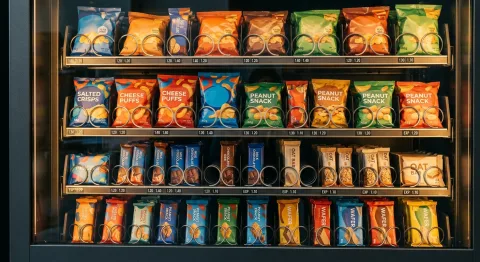 Vending machine shelves stocked with crisps, chocolate bars and snack packets